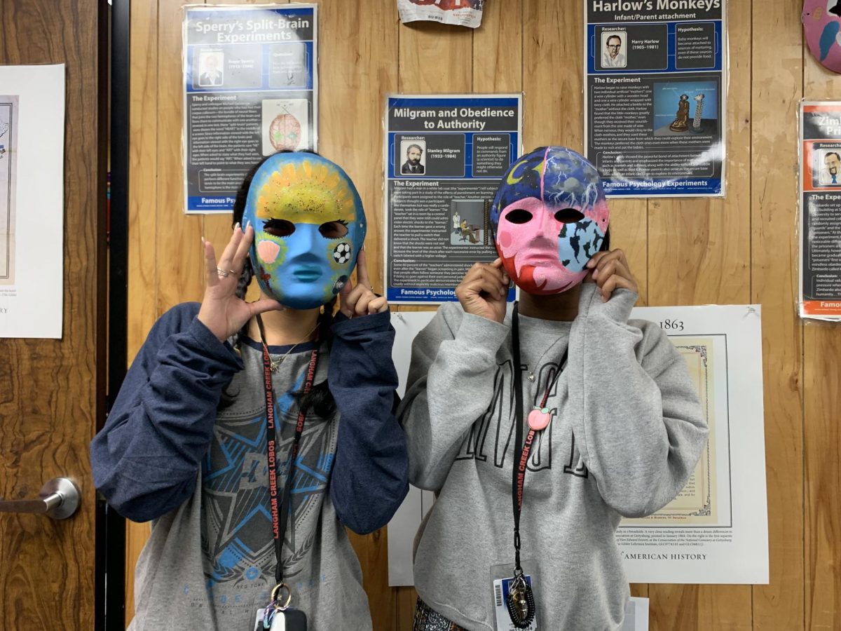Psychology+students+Destini+Amos+%2811%29%2C+and+Olivia+Garcia+%2811%29+try+on+their+personality+masks.
